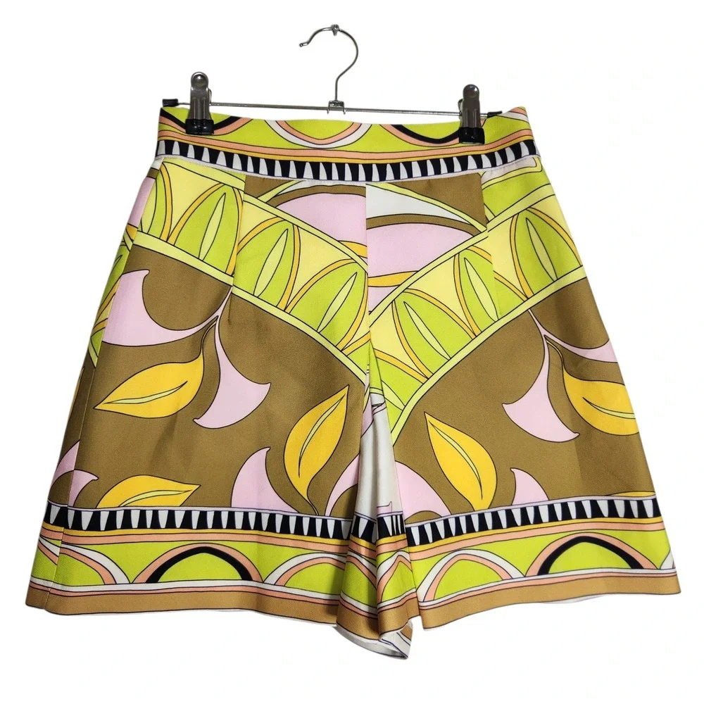Zara Womens Retro Geometric Botanical Print High Waist Shorts Green Brown S
